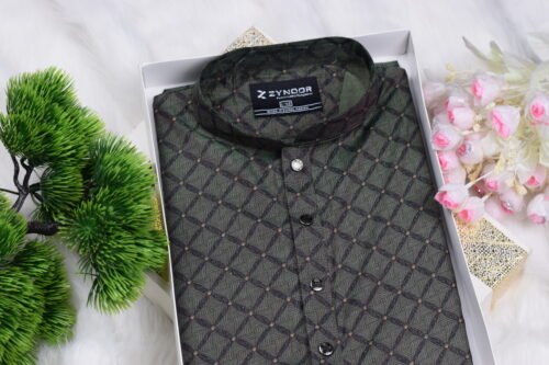 Zynoor Premium Jacket Print Cotton Panjabi (Olive) – Code: 401 - Image 3
