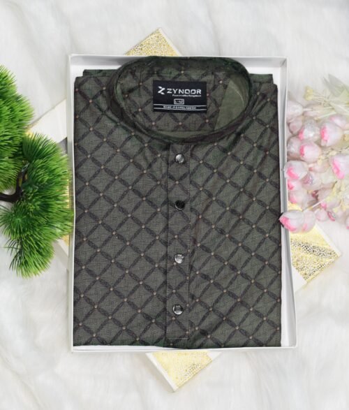 Zynoor Premium Jacket Print Cotton Panjabi (Olive) – Code: 401