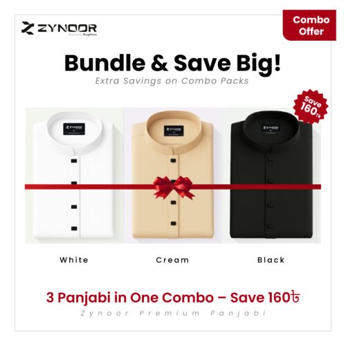 Zynoor Premium Panjabi 3-Piece Combo – White, Cream & Black