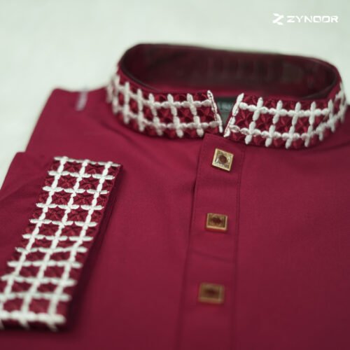 Zynoor China Micro Stitch Panjabi with Star Embroidery (Maroon) - Image 2