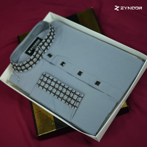 Zynoor China Micro Stitch Panjabi with Star Embroidery (Ash) - Image 3