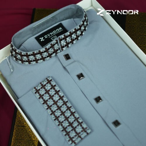Zynoor China Micro Stitch Panjabi with Star Embroidery (Ash) - Image 4