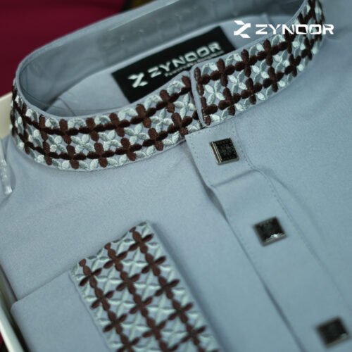 Zynoor China Micro Stitch Panjabi with Star Embroidery (Ash) - Image 6