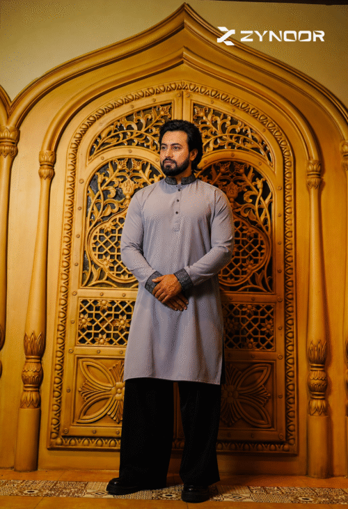 Zynoor China Micro Stitch Panjabi with Elegant Embroidery (Ash)