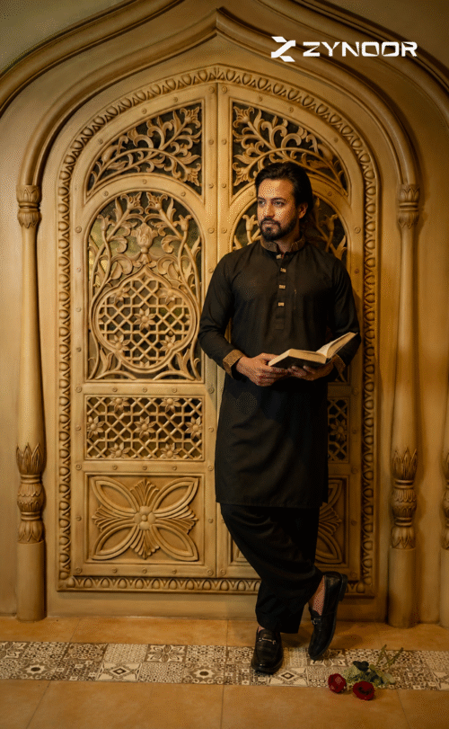 Zynoor China Micro Stitch Panjabi with Elegant Embroidery (Black) - Image 3