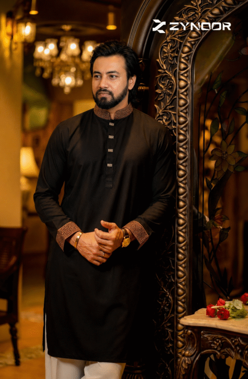 Zynoor China Micro Stitch Panjabi with Elegant Embroidery (Black)