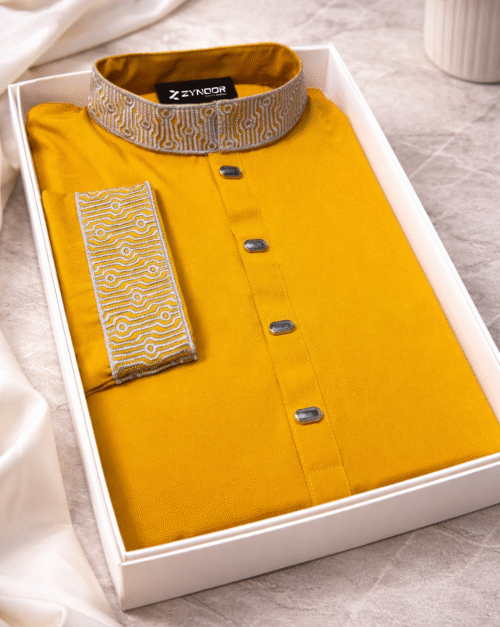 Zynoor China Micro Stitch Panjabi with Elegant Embroidery (Mustard Yellow)