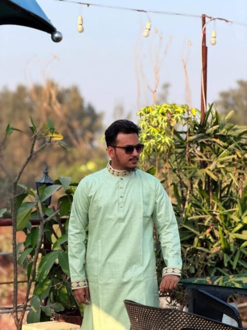 Smart Cotton Embroidery Panjabi – Olive - Image 2