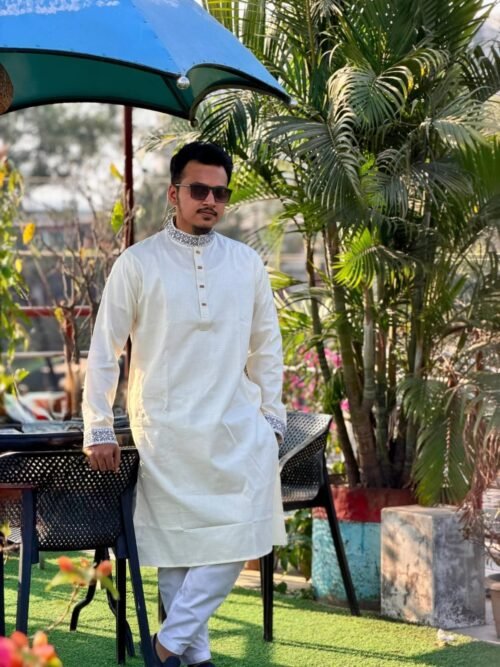 Smart Cotton Embroidery Panjabi – Cream