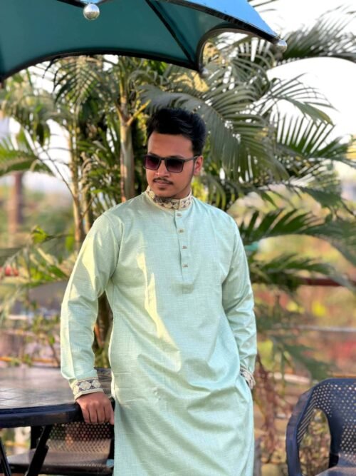 Smart Cotton Embroidery Panjabi – Olive - Image 3